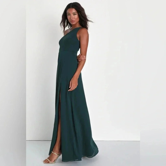 Lulus Elegant Admiration Emerald Green One-Shoulder Maxi Dress Sz S nwot - Picture 2 of 4